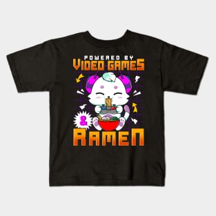 Powered By Video Games & Ramen Anime Cat Gamer Kids T-Shirt